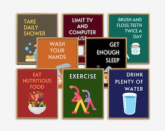 Healthy Habits Bulletin Board, Health Office Print Bundle, 8 Health Prints, School Nurse Office Prints Display, Classroom Health Decoration