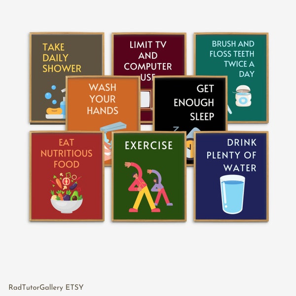 Healthy Habits Bulletin Board, Health Office Print Bundle, 8 Health Prints, School Nurse Office Prints Display, Classroom Health Decoration