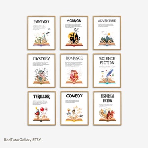 Set di 9 poster di genere letterario, generi di narrativa, poster di genere di romanzo, decorazioni per aule di inglese, aule di scuola media, ELA, arti linguistiche