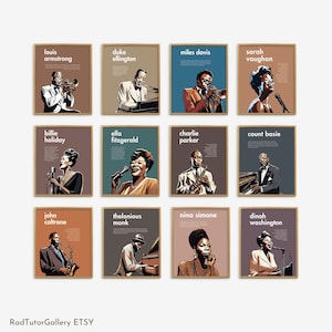 Set di 12 poster da parete di artisti jazz famosi, poster per aule di musica, decorazioni da parete con poster musicali, cantanti jazz, poster per sale di musica jazz