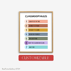 Puede incluir: Un póster de reglas de clase imprimible con un diseño colorido. El póster enumera siete reglas, que incluyen "Siempre llegar a tiempo", "Ser amable con los demás" y "¡Diviértete!"