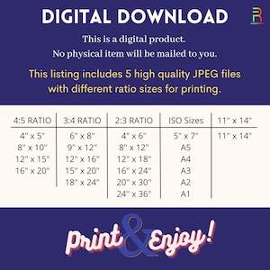 K&ouml;nnte beinhalten: Grafik zum digitalen Download mit Text. Das Bild listet verschiedene Druckgr&ouml;&szlig;en auf, darunter 10x12, 20x25, 30x38, 40x50 cm und ISO-Gr&ouml;&szlig;en. Der Text besagt, dass es sich um ein digitales Produkt handelt und 5 hochwertige JPEG-Dateien enth&auml;lt.