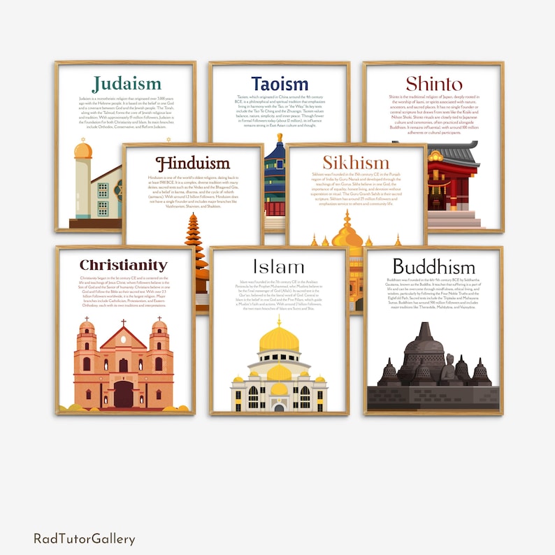 May include: A collection of framed art prints featuring illustrations and text about different religions, including Judaism, Taoism, Shinto, Hinduism, Sikhism, Christianity, Islam, and Buddhism. Each print has a wooden frame.