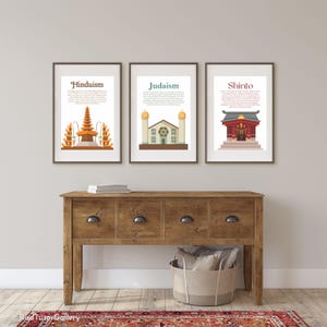 May include: Three framed art prints depicting Hinduism, Judaism, and Shinto temples. The prints are displayed above a wooden console table with four drawers. A woven basket and a decorative rug are in the foreground.