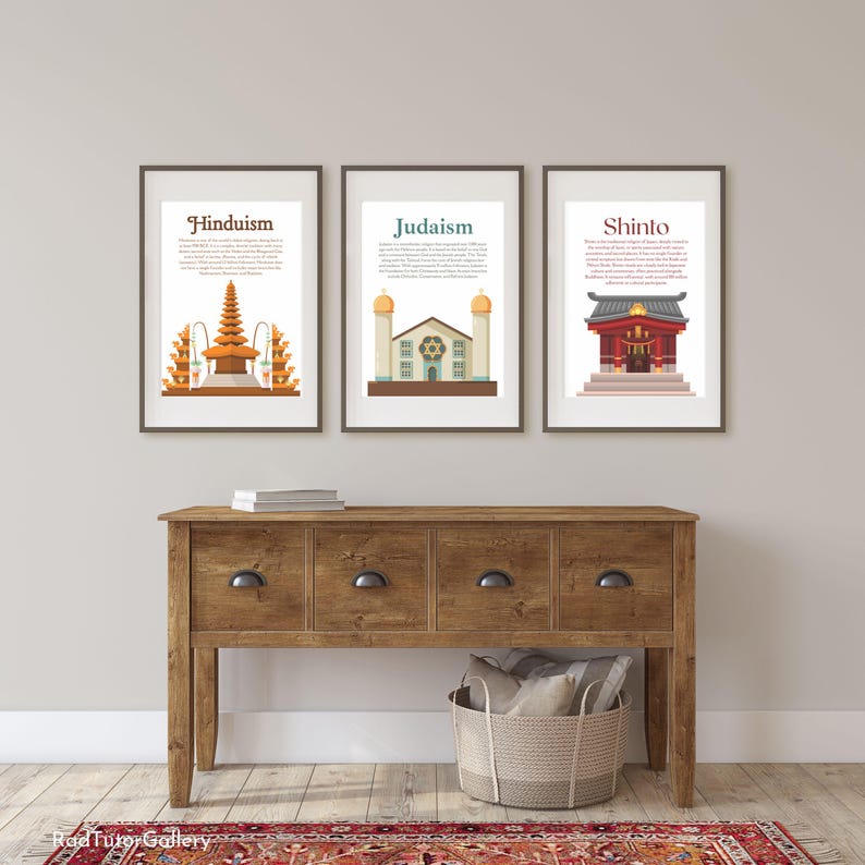 May include: Three framed art prints depicting Hinduism, Judaism, and Shinto temples. The prints are displayed above a wooden console table with four drawers. A woven basket and a decorative rug are in the foreground.