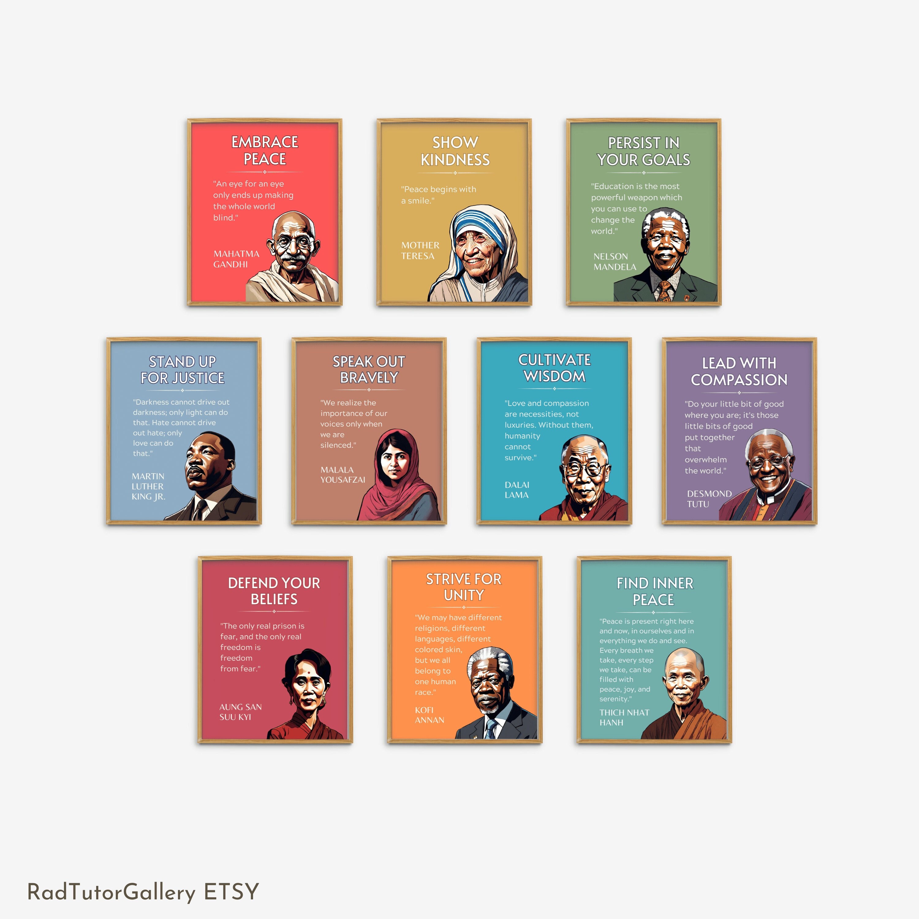 Peace Leaders Posters, Peace Historical Figures Wall Art, Famous Inspirational Quotes History Classroom Decor, School Motivational Prints