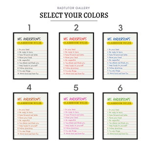 May include: Six colorful classroom rules posters with the title "MS. ANDERSON'S CLASSROOM RULES" and a list of rules for students. The posters are numbered 1 through 6.