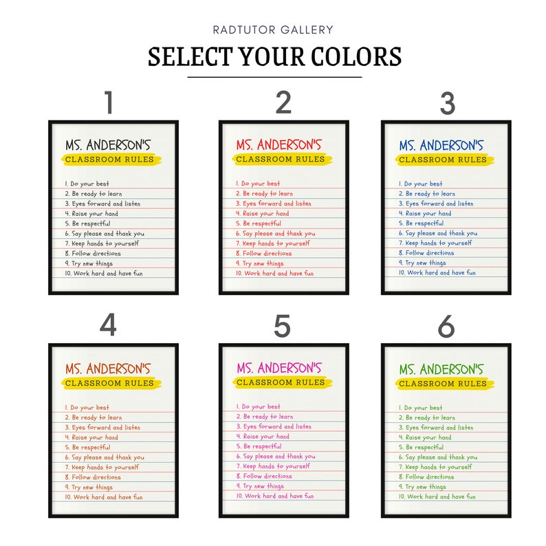 May include: Six colorful classroom rules posters with the title "MS. ANDERSON'S CLASSROOM RULES" and a list of rules for students. The posters are numbered 1 through 6.