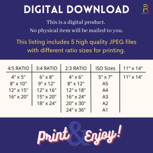 May include: Digital download graphic with text. The image includes a list of print sizes in inches, such as 4" x 5", 8" x 10", and 16" x 20". The text states that the listing includes 5 high-quality JPEG files with different ratio sizes for printing.