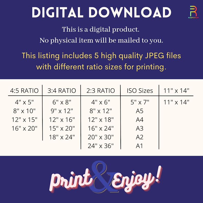 May include: Digital download graphic with text. The image includes a list of print sizes in inches, such as 4" x 5", 8" x 10", and 16" x 20". The text states that the listing includes 5 high-quality JPEG files with different ratio sizes for printing.