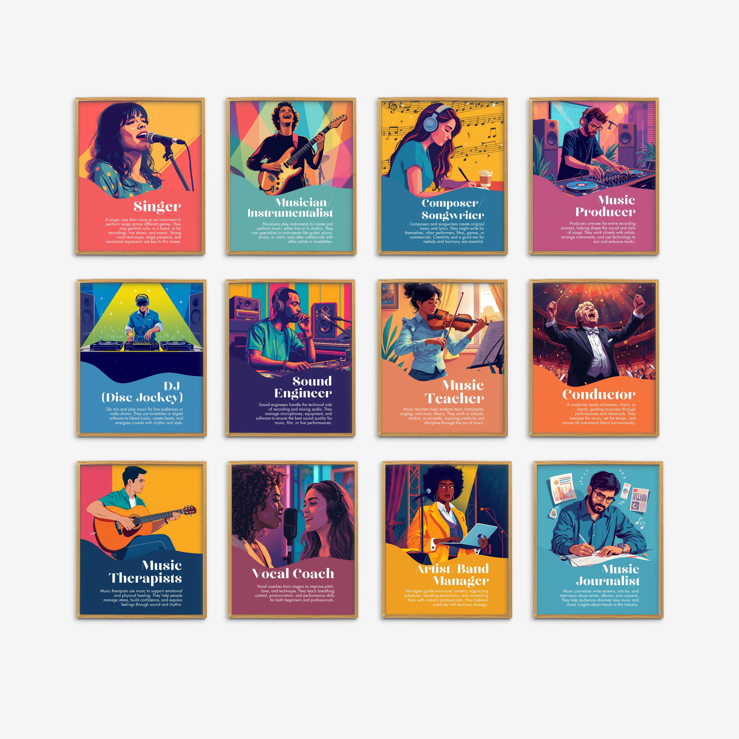 アート・デザイン・音楽 Positions in the Life World Music Careers Set of 12 Gallery Wall Art, Music Classroom Posters