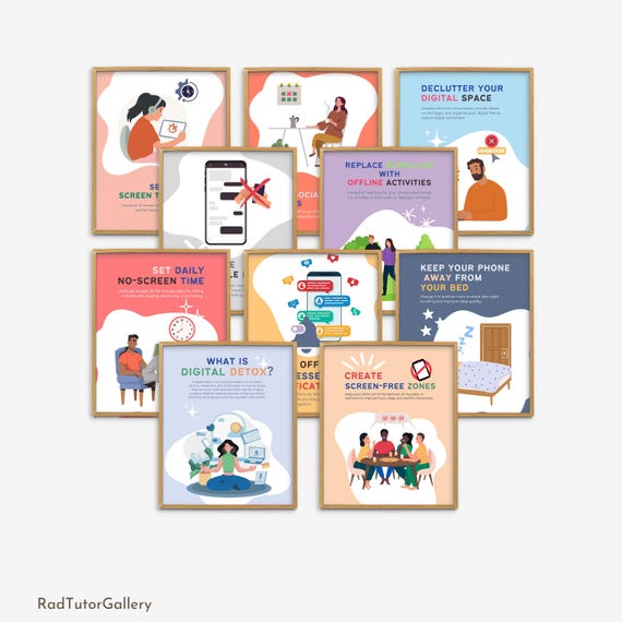 Digital Detox Posters, School Counselor Decor, Self Help Poster Bundle, Mindfulness Guide, Motivational Prints, Mental Health Bulletin Board