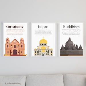 May include: Three framed art prints featuring illustrations of religious buildings. The prints are labeled "Christianity," "Islam," and "Buddhism." The Christianity print shows a church, the Islam print a mosque, and the Buddhism print a temple.