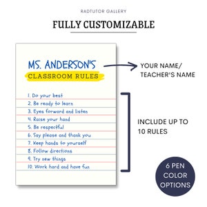 May include: A printable classroom rules poster with a yellow banner that says "MS. ANDERSON'S CLASSROOM RULES". The poster has a list of 10 rules, including "Do your best", "Be ready to learn", and "Work hard and have fun".