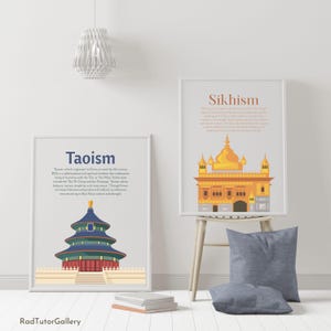 May include: Two framed art prints, one labeled "Taoism" with a blue and red building illustration, and the other labeled "Sikhism" with a golden building illustration. The prints are displayed on a white wall with a hanging light fixture.