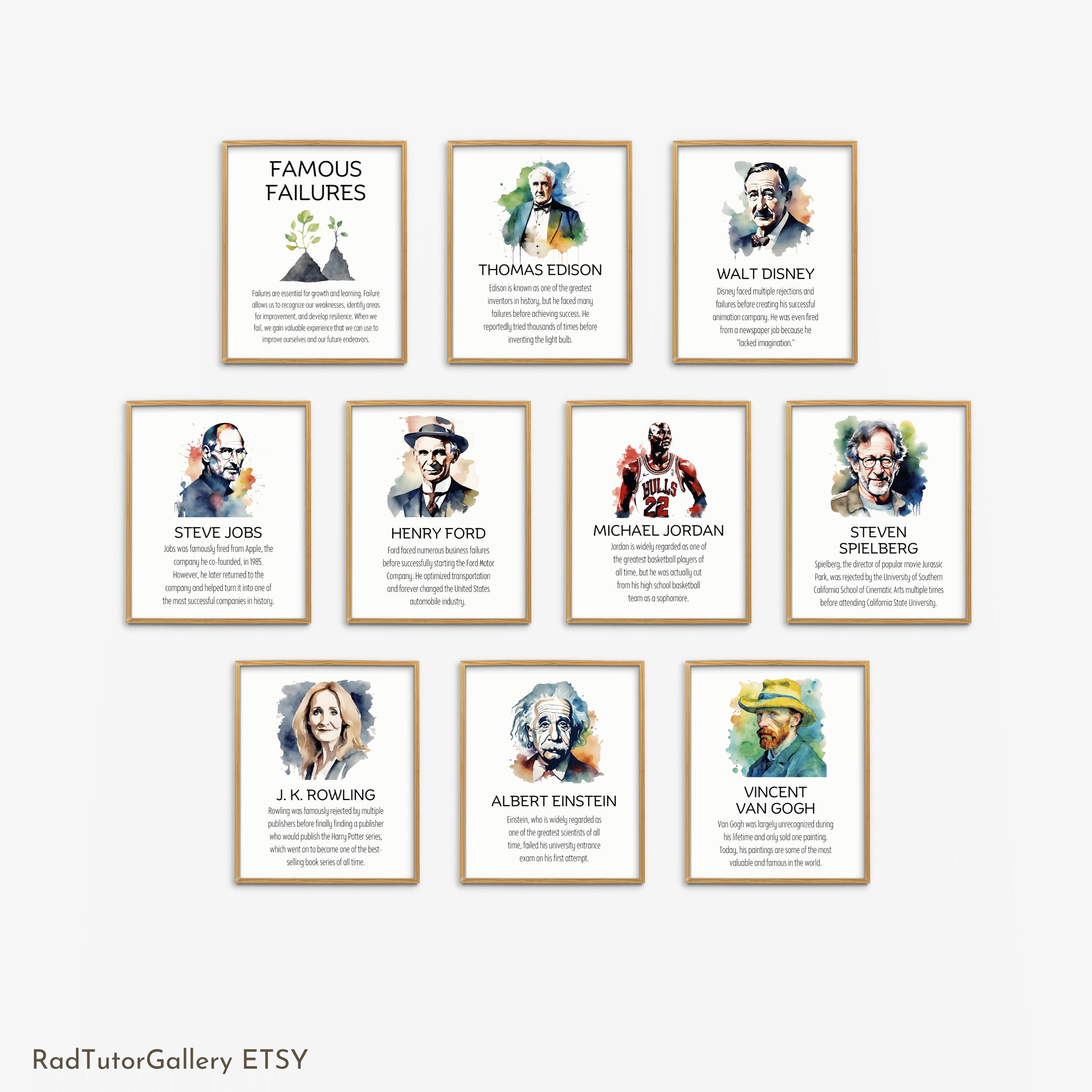 Famous Failures Posters Set of 10, Inspirational Posters, Classroom Decor Motivational Classroom Posters, Growth Mindset Art Prints