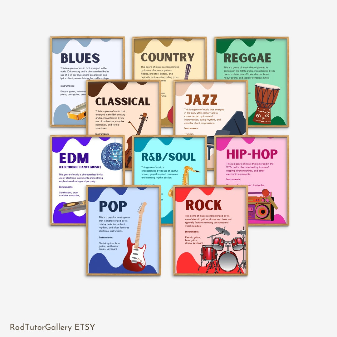 Music Genres Set Of 10 Gallery Wall Art Music Classroom Poster Music Music Genres Set Of 10 Gallery Wall Art Music Classroom Poster Music