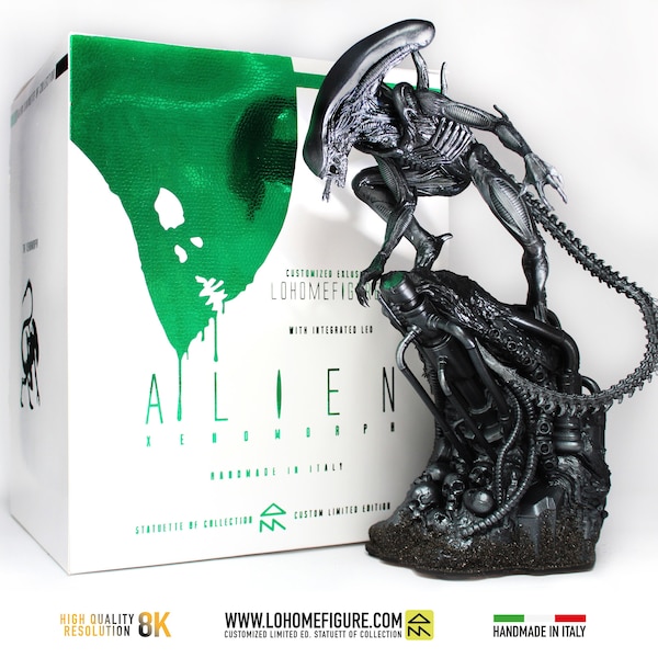 Alien Xenomorph-Figur, Alien-Statue mit integriertem LED-Alien-Diorama mit unglaublichem Realismus. 12k-Actionfigur, exklusiv handgefertigt in ITALIEN