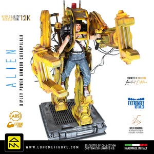 May include: A yellow and black power loader action figure with a female figure inside. The figure is holding a weapon and is standing on a black base. The figure is from the movie Alien. The figure is made of ABS plastic and is extremely detailed. The figure is a limited edition and is handmade in Italy.