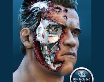 May include: A sculpted bust of a human-like figure with brown skin, featuring a damaged side revealing a metallic silver robotic endoskeleton underneath. The exposed area shows intricate mechanical components, wires, and red textured flesh.