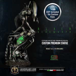 May include: A detailed Xenomorph statue featuring a dark, biomechanical creature perched atop a textured base with glowing green LED accents. The display includes text reading ALIEN XENOMORPH, CUSTOM PREMIUM STATUE, SCALE 1:6 | 1:8 AVAILABLE, and LED INTEGRATED.