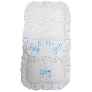 Footmuff/Cosy toes/Pram Liner Various Colours with/without Embroidered Personalisation for Pram or Pushchair Other Post has Car Seat Size BA White / Blue Bows