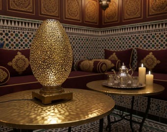 Moroccan Brass Table Lamp - Handcrafted Egg Shaped Filigree Bedside Light - Boho Decor Luxury Ambient Shadow Lamp