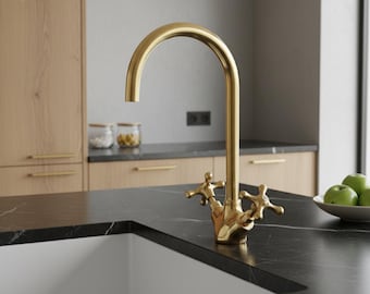 Luxury Polished Gold Brass Kitchen Faucet - High Arc Swan Neck Spout with Dual Cross Handles