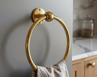 Solid Polished Brass Towel Ring, Round Gold Hand Towel Holder for Bathroom and Kitchen, Wall Mounted Luxury Hardware, Rustic Farmhouse Decor