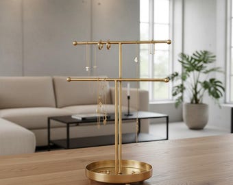 Solid Brass Jewelry Stand, Minimalist Gold Jewelry Organizer, Modern Brass T-Bar Necklace Holder, Gift for Her