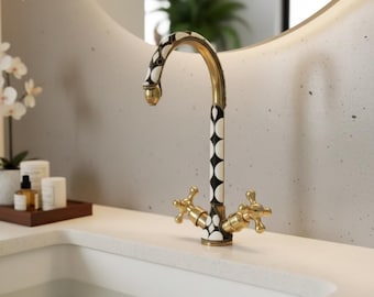 Handmade Moroccan Brass Faucet - Black & White Ceramic Inlay Swan Neck Tap