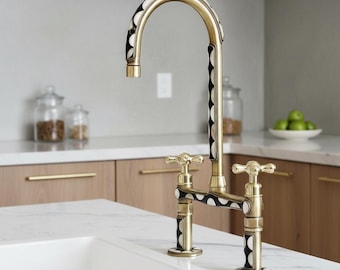 Moroccan Unlacquered Brass Bridge Faucet with Bone Inlay - Handmade Gooseneck Kitchen Faucet