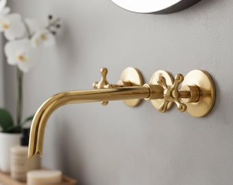 Polished Brass Wall Mounted Bathroom Faucet, Gold 3-Hole Sink Mixer with Cross Handles, Luxury Traditional Brass Tap for Vanity