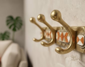 Artisanal Brass Coat Rack with Inlay Medallions - Handcrafted Moroccan Wall Hooks