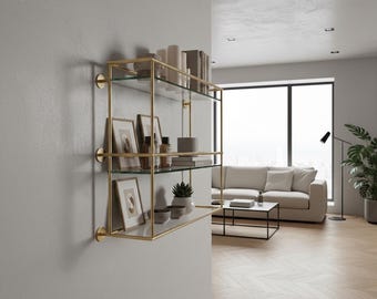 3-stufiges Wandregal aus Messing und Glas – Modernes, minimalistisches, schwebendes Goldregal – Geometrisches Luxus-Badezimmerregal
