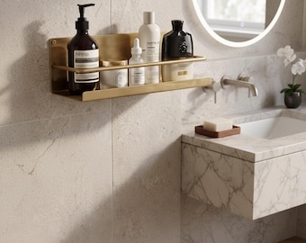 Brushed Brass Bathroom Shelf - Modern Gold Wall Mounted Organizer - Minimalist Luxury Floating Shelf for Skincare & Shampoo