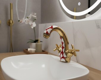Handmade Moroccan Brass Faucet with Red & White Resin Inlay - Luxury Swan Neck Bathroom Tap