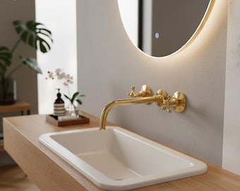 Polished Brass Wall Mounted Bathroom Faucet, Gold 3-Hole Sink Mixer with Cross Handles, Luxury Traditional Brass Tap for Vanity