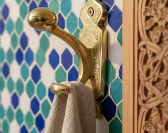 Brass Double Hook - Vintage Wall Mounted Coat and Towel Rack - Ornate Engraved Brass Wall Hook