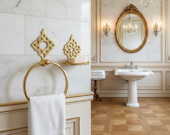 Moroccan Gold Brass Bathroom Accessories Set - Geometric Towel Ring and Wall Mounted Soap Dish - Handmade Boho Bathroom Hardware