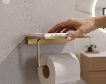 Luxury Gold Toilet Paper Holder with Phone Shelf - Polished Brass Wall Mounted Tissue Roll Stand