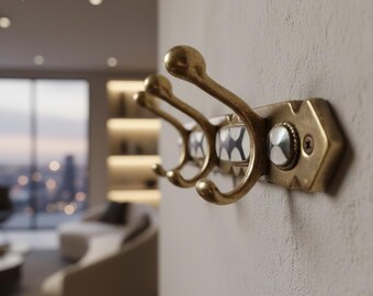 Vintage Brass Wall Mounted Coat Rack with Ceramic Inlay - 4 Double Hooks Gold Entryway Organizer - Rustic Mudroom Decor