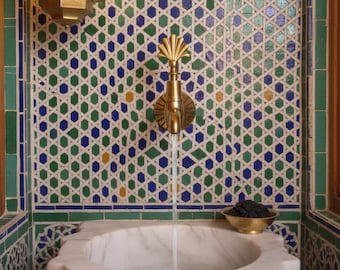 Handcrafted Moroccan Brass Faucet with Ornate Scallop Shell Handle - Traditional Wall Mounted Tap for Bathroom, Garden, and Kitchen Decor