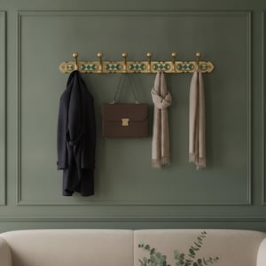 Moroccan Brass Coat Rack - Handcrafted Wall Mounted Resine Hooks - Vintage Antique Gold Hook Rail with Green and White Inlay