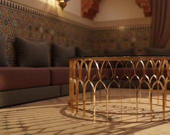 Modern Round Gold Coffee Table with Glass Top - Ornate Moroccan Arch Base - Elegant Salon Fassi Luxury Living Room Furniture