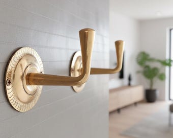 Pair of Solid Brass Wall Hooks with Decorative Rope Border - Vintage Gold Coat Hooks, Bathroom Towel and Robe Hook, Entryway Wall Hardware