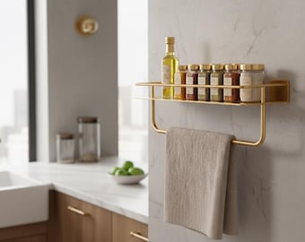 Modern Brushed Gold Spice Rack with Integrated Towel Bar - Wall Mounted Kitchen Organizer