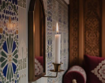 Arched Mirror Wall Sconce - Brass Candle Holder with Mirror Backing - Moroccan Inspired Boho Wall Decor - Vintage Style Taper Candle Sconce
