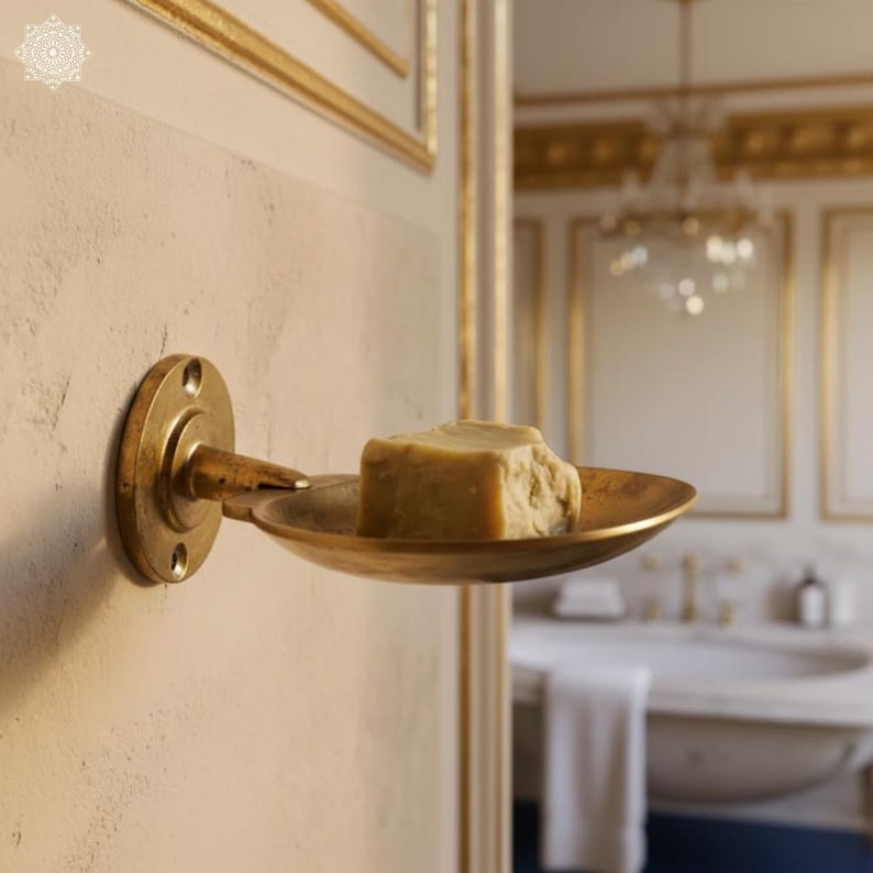 Unlacquered Brass Soap Dish Wall Mounted - Handmade Gold Soap Holder with Drain Holes - Artisanal Moroccan Bathroom Accessory image 4