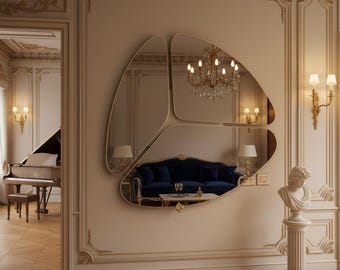 Large Organic Asymmetric Brass Wall Mirror - Tri-Lobed Gold Decorative Mirror - Modern 3-Panel Wall Art